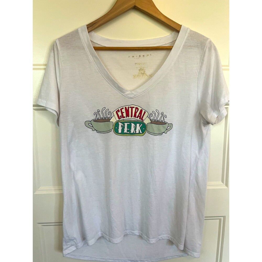 Friends Central Perk White V-Neck Short Sleeve Graphic Logo T-Shirt Women’s M/L